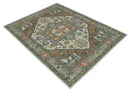 Ivory Silver Peach Olive Hand Knotted Traditional Heriz Area Rug