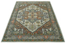 Ivory Silver Peach Olive Hand Knotted Traditional Heriz Area Rug