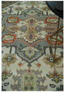 Ivory Silver Peach Olive Hand Knotted Traditional Heriz Area Rug