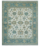 Custom Made Ivory, Teal and Beige Floral Hand Knotted Traditional Oushak Wool Area Rug
