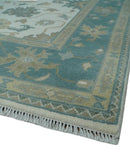 Wool Area Rug Hand Knotted Ivory Teal and Beige Floral Turkish Oushak Traditional