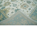 Wool Area Rug Hand Knotted Ivory Teal and Beige Floral Turkish Oushak Traditional