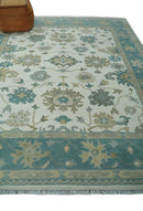 Wool Area Rug Hand Knotted Ivory Teal and Beige Floral Turkish Oushak Traditional