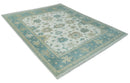 Wool Area Rug Hand Knotted Ivory Teal and Beige Floral Turkish Oushak Traditional