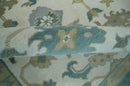 Wool Area Rug Hand Knotted Ivory Teal and Beige Floral Turkish Oushak Traditional