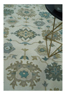 Wool Area Rug Hand Knotted Ivory Teal and Beige Floral Turkish Oushak Traditional