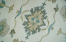 Wool Area Rug Hand Knotted Ivory Teal and Beige Floral Turkish Oushak Traditional