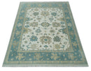 Wool Area Rug Hand Knotted Ivory Teal and Beige Floral Turkish Oushak Traditional