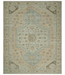 Custom Made Low Pile Hand Knotted Peach and Blue Traditional Design Wool Area Rug