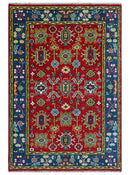 Maroon and Blue Turkish Oushak Kashgar Antique Traditional Hand Knotted Wool Area Rug by The Rug Decor
