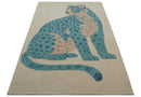 Custom Made Modern Animal Pattern Teal And Beige Hand Tufted Wool Area Rug