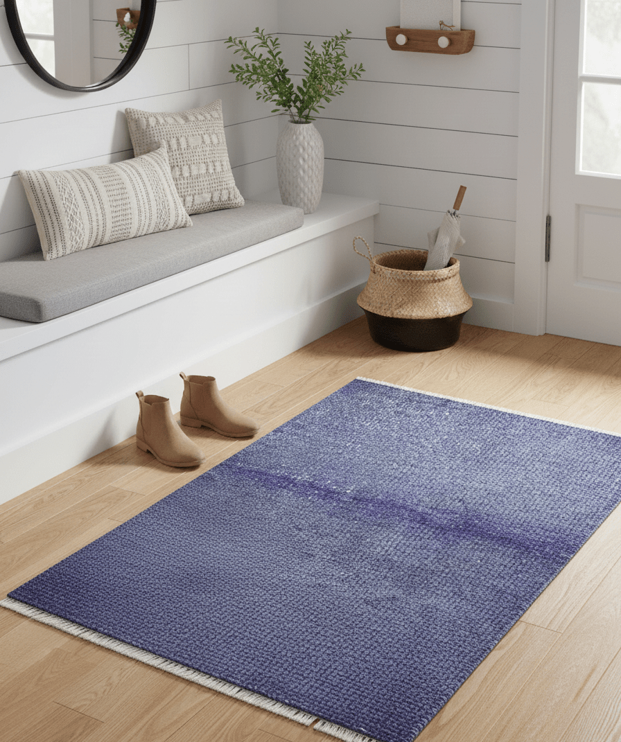 Overdyed Blue Hand-Knotted Wool Area Rug Modern Minimalist Design