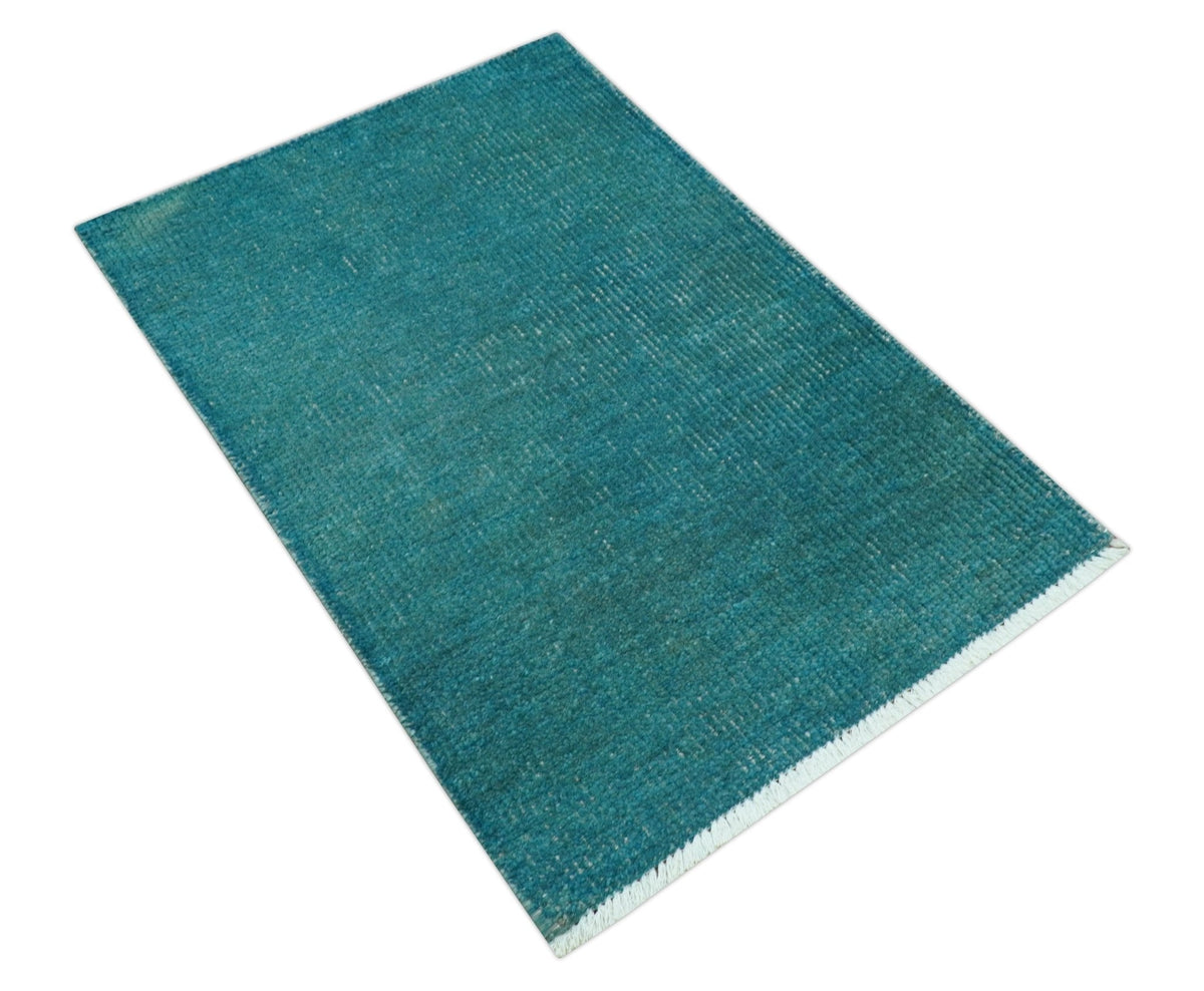 Modern Solid Overdyed Blue Wool Hand Knotted Area Rug - Low Pile, photo 9 of 9
