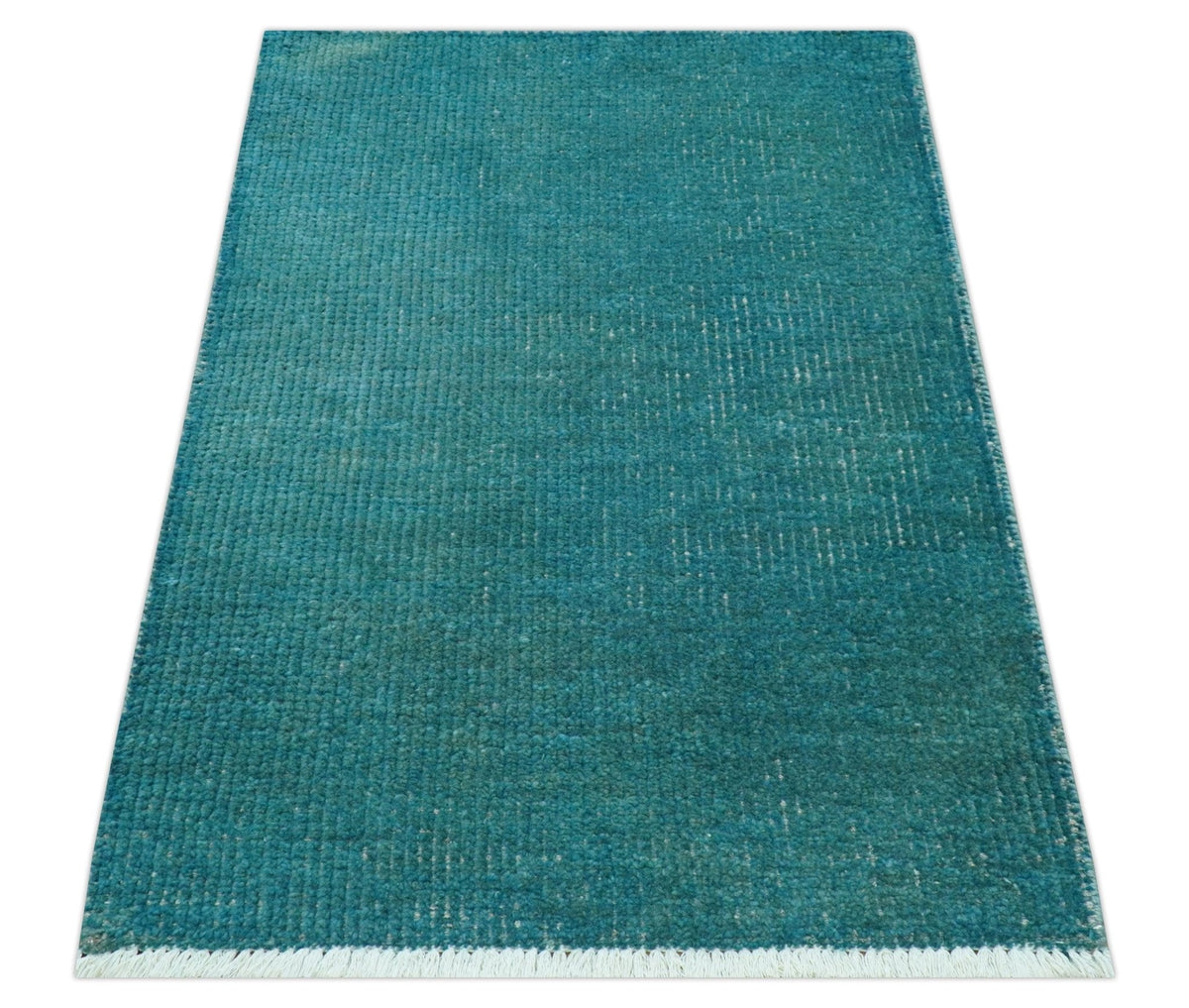 Modern Solid Overdyed Blue Wool Hand Knotted Area Rug - Low Pile, photo 8 of 9
