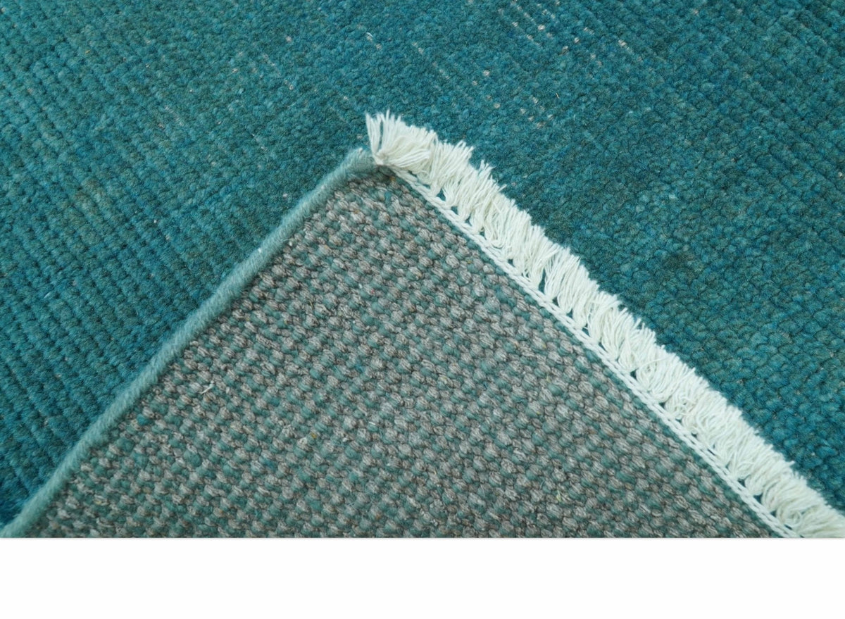 Modern Solid Overdyed Blue Wool Hand Knotted Area Rug - Low Pile, photo 4 of 9