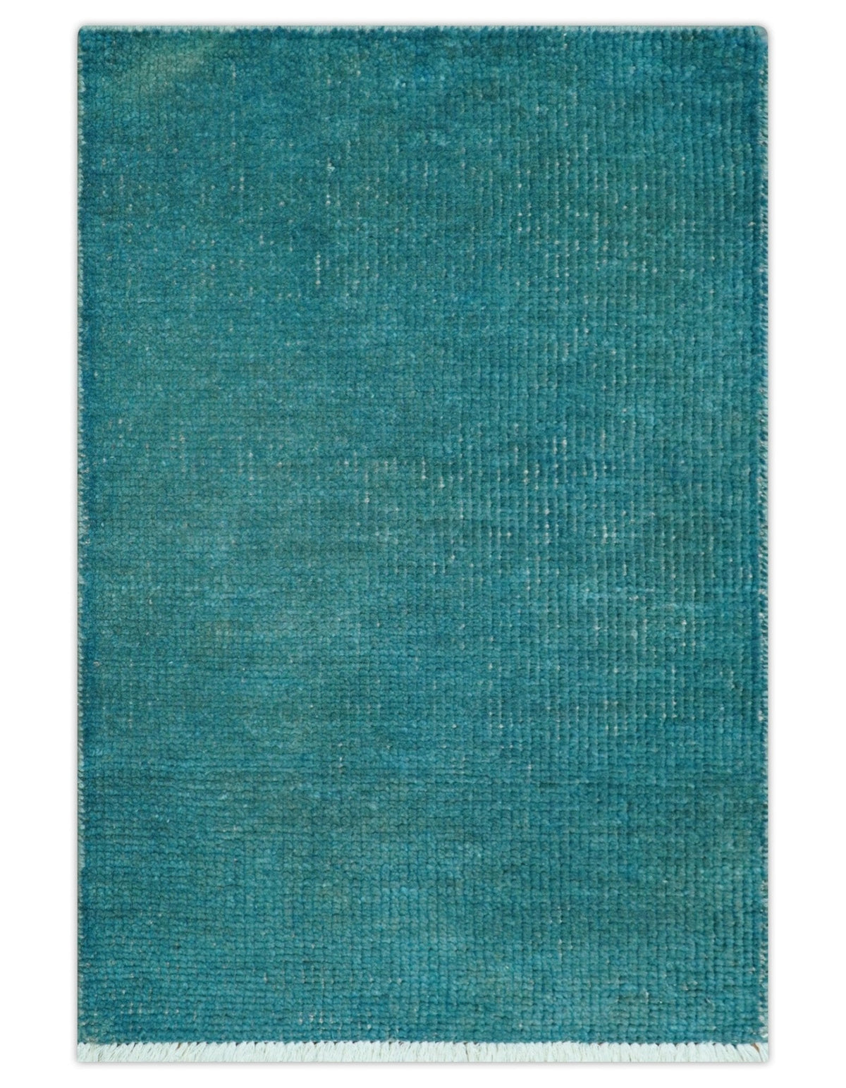 Modern Solid Overdyed Blue Wool Hand Knotted Area Rug - Low Pile, photo 2 of 9