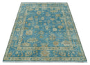 Custom Made Oushak Hand Knotted Blue and Beige Traditional Wool Rug