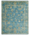 Custom Made Oushak Hand Knotted Blue and Beige Traditional Wool Rug