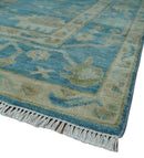 Custom Made Oushak Hand Knotted Blue and Beige Traditional Wool Rug