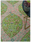 Custom Made Pink And Green Traditional Floral Motifs Design Hand Knotted wool area rug by The Rug Decor
