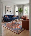 Hand Knotted Wool Area Rug - Traditional Red Blue Gray Mustard