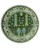 Custom Made Round Hand Knotted Green And Ivory Tree of life Wool Rug