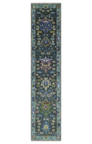 Custom Made Runner Charcoal, Green And Blue Turkish Design Hand Knotted Wool Rug
