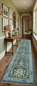 Custom Made Runner Charcoal, Green And Blue Turkish Design Hand Knotted Wool Rug by The Rug Decor