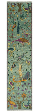 Custom Made Runner Jungle Life Peacock Green Hand Knotted Wool Rug by The Rug Decor