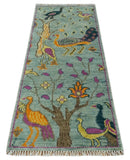 Custom Made Runner Jungle Life Peacock Green Hand Knotted Wool Rug by The Rug Decor
