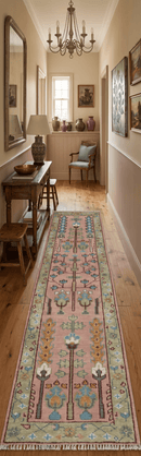 Custom Made Runner Rug Pink And Olive Tree of life Hand Knotted
