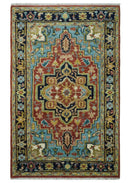 Hand Knotted Wool Area Rug - Rust and Blue Traditional Medallion by The Rug Decor