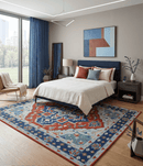 Rust Blue Silver Wool Area Rug Heriz Hand Knotted Traditional