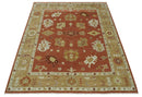 Hand Knotted Traditional Wool Oushak Area Rug - Rust Ivory Beige