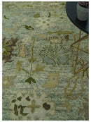 Custom Made Silver and Green Hand Knotted Traditional Oushak wool area rug