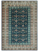Custom Made Teal And Brown Traditional Tribal Design Hand Knotted Wool Rug