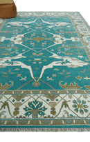 Teal and Ivory Hand Knotted Oriental Oushak Wool Area Rug - Made to Order
