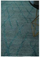 Hand Knotted Wool Area Rug Modern Stripes Teal and Ivory Contemporary Design Pattern