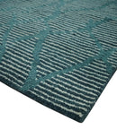 Hand Knotted Wool Area Rug Modern Stripes Teal and Ivory Contemporary Design Pattern
