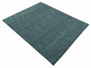 Hand Knotted Wool Area Rug Modern Stripes Teal and Ivory Contemporary Design Pattern