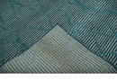Hand Knotted Wool Area Rug Modern Stripes Teal and Ivory Contemporary Design Pattern