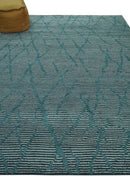 Hand Knotted Wool Area Rug Modern Stripes Teal and Ivory Contemporary Design Pattern
