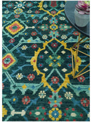 Custom Made Teal And Mustard Traditional Floral Motifs Hand Knotted Wool Rug
