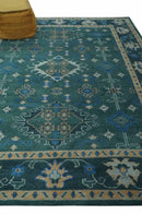 Wool Hand Knotted Area Rug - Traditional Heriz with Teal Blue Peach Silver Tones