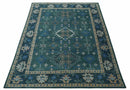 Wool Hand Knotted Area Rug - Traditional Heriz with Teal Blue Peach Silver Tones
