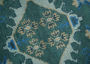 Wool Hand Knotted Area Rug - Traditional Heriz with Teal Blue Peach Silver Tones