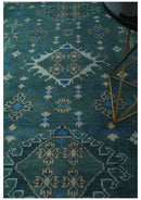 Wool Hand Knotted Area Rug - Traditional Heriz with Teal Blue Peach Silver Tones