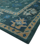 Wool Hand Knotted Area Rug - Traditional Heriz with Teal Blue Peach Silver Tones