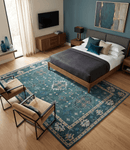 Wool Hand Knotted Area Rug - Traditional Heriz with Teal Blue Peach Silver Tones