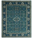 Custom Made Teal, Blue, Peach and Silver Hand Knotted Traditional Heriz wool Area Rug